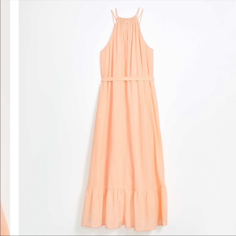 Loft maxi dress flounce high neck gathered peach orange NWT